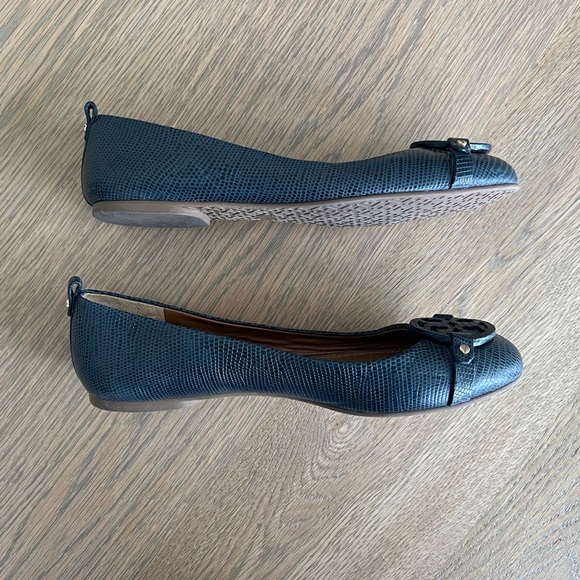 Tory Burch Mini Miller Leather Logo Flats Matte Micro Tejus Print Navy Blue 8.5 - Picture 9 of 13